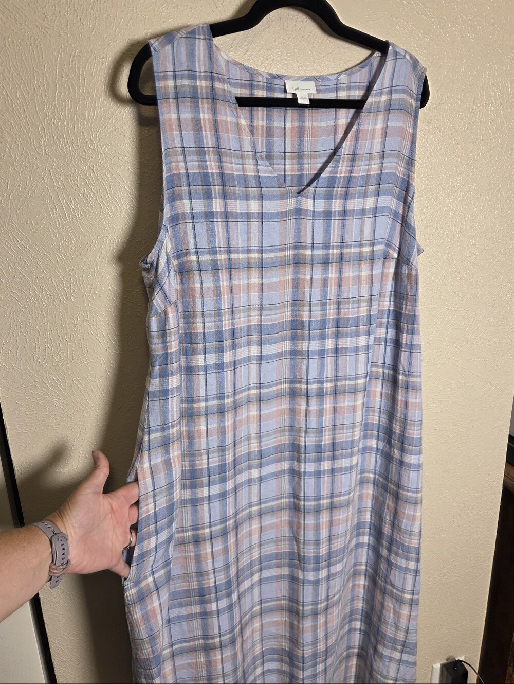 J. Jill Love Linen Women's XL Plaid Sun Summer Maxi Dress Sleeveless Blue Pink - Picture 3 of 7